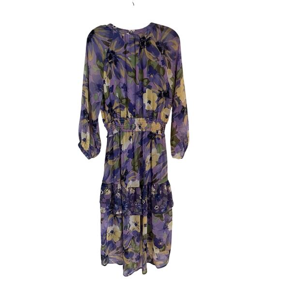 Figueroa & Flower Floral Boho Dress M Purple Yellow Smocked Waist Tiered Midi - Picture 2 of 7